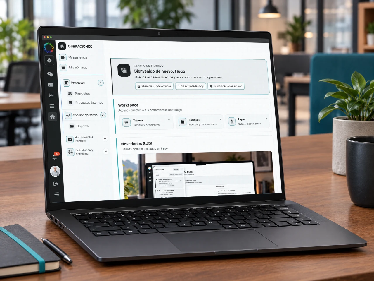 SUDI en una laptop: menú de módulos, centro de trabajo y accesos a Tareas, Eventos y Paper